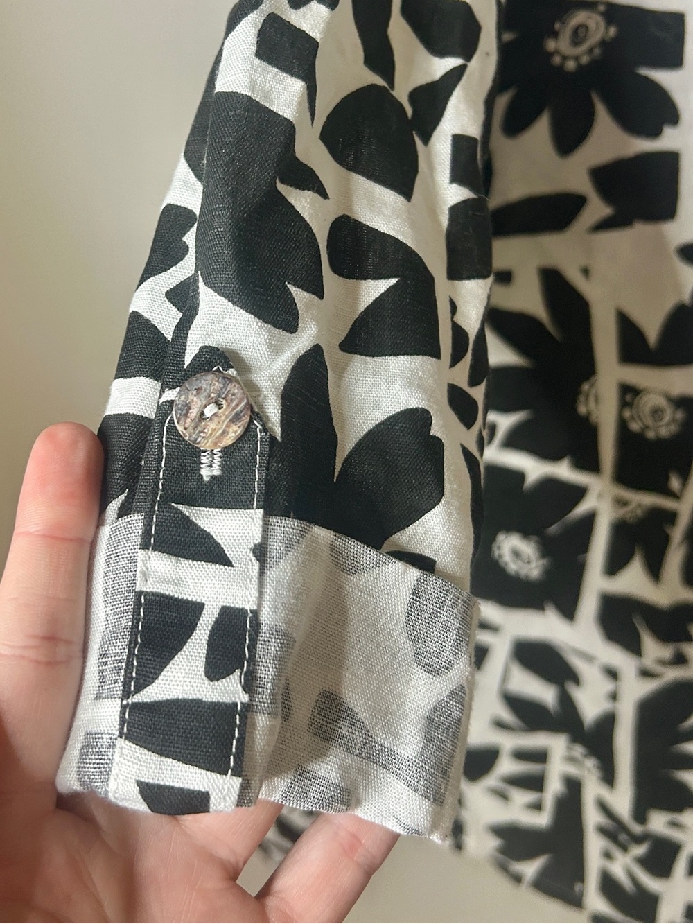 Vintage Hot Cotton Linen Geo Floral Tunic Lagenlook Art Wear USA Black White 1X - Picture 6 of 16